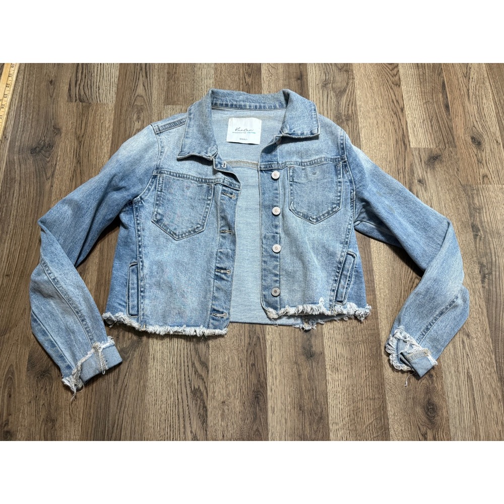 KanCan Jacket Womens Size Small Light Wash Jean Denim Cropped Frayed Hem 12839S